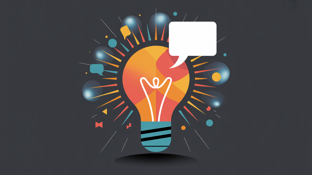 An illustration of a lightbulb with icons for a speech bubble and confetti radiating from it, representing the creation of engaging and interesting content.