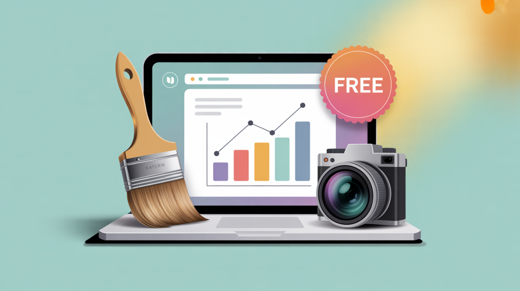 An illustration of a paintbrush, a bar graph, and a camera lens on a platform with a "Free" badge, representing essential free marketing tools.
