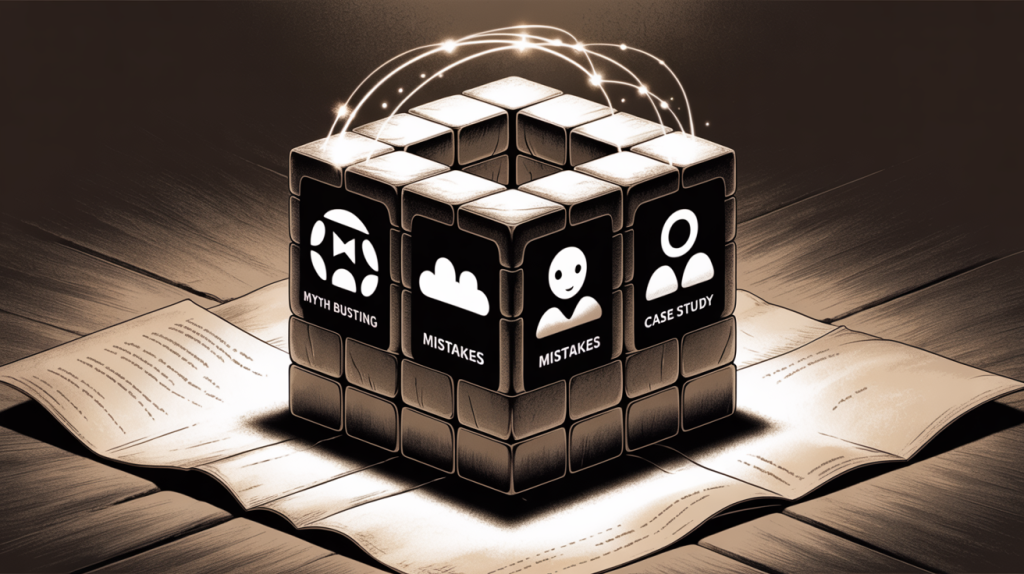 An illustration of a solid foundation with icons for myth busting, mistakes, and a case study, representing the evergreen content engine.