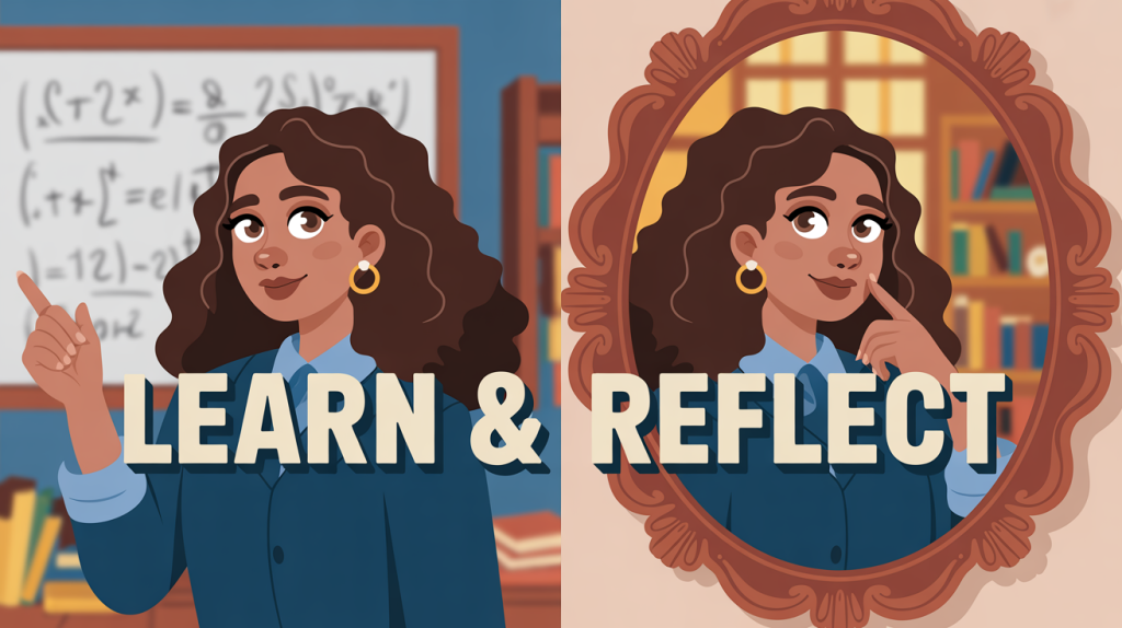 An illustration of a split screen with one side showing a figure teaching and the other showing a reflection in a mirror, representing educational and relatable content.