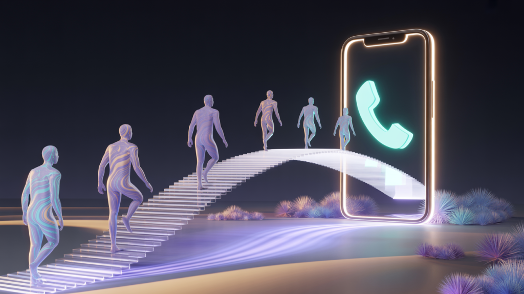 An illustration of a glowing bridge connecting abstract figures to a phone icon, representing the act of booking an appointment.