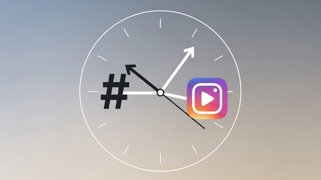 An illustration of a clock face pointing to the first five minutes after posting, with icons for hashtags and stories, symbolizing the non-negotiable steps to take immediately.