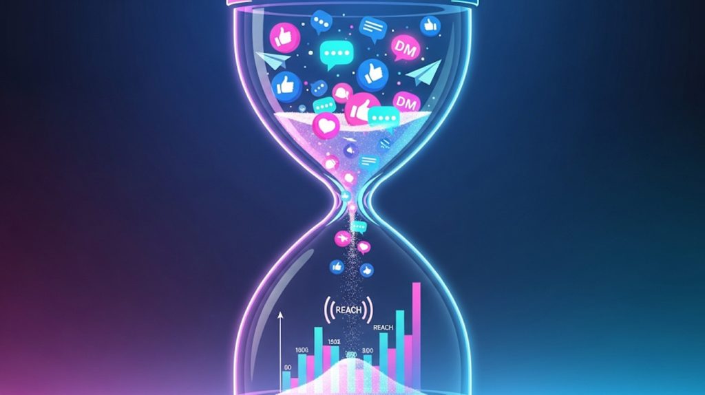 An illustration of an hourglass where engagement icons are flowing from the top half into the bottom half, which contains a growing graph, representing how an hour of engagement fuels a post's reach.