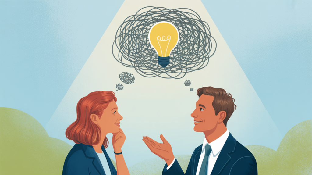 An illustration of two figures in a conversation, with one figure's thought bubble changing from chaotic to clear, representing the act of initiating a conversation.