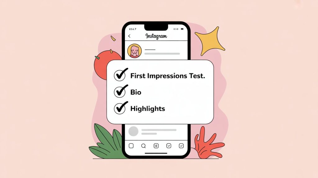 An illustration of a smartphone screen with an Instagram profile and a checklist overlay, with checkmarks pointing to the profile picture, bio, and Highlights, representing the "First Impressions Test."