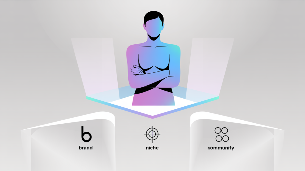 An illustration of a figure standing on a foundation of three pillars representing brand, niche, and community, representing the importance of a strong foundation for your brand.
