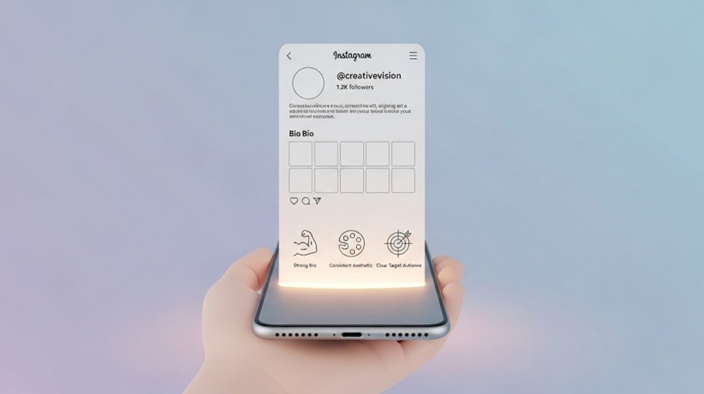An illustration of a well-built Instagram profile on a phone screen, with a solid foundation beneath it, symbolizing the importance of profile optimization for growth.
