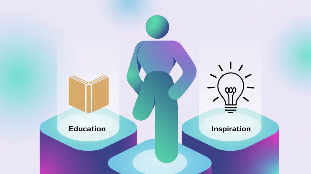 An illustration of a figure standing on a foundation of two pillars, one for education and one for inspiration, representing the foundation of a brand.
