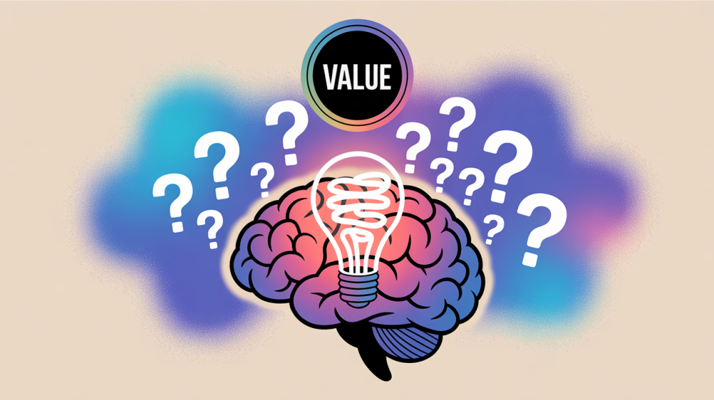 An illustration of a brain with question marks and a lightbulb flowing into it, with a "Value" badge, representing the importance of a strong idea for a viral Reel.