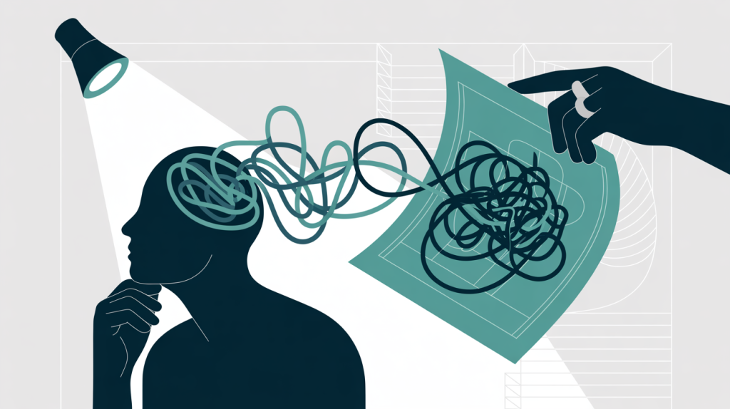 An illustration of a figure with tangled sentences flowing from its head, with a hand providing a blueprint for simplifying them, representing copywriting principles.