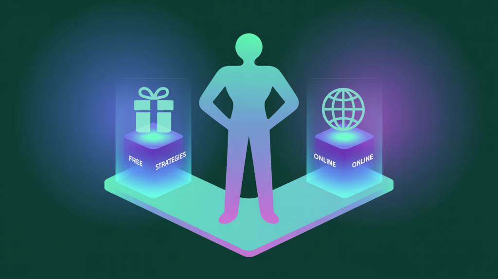 An illustration of a figure standing on a foundation of two pillars, one for free strategies and one for online strategies, representing the foundational pillars of customer acquisition.