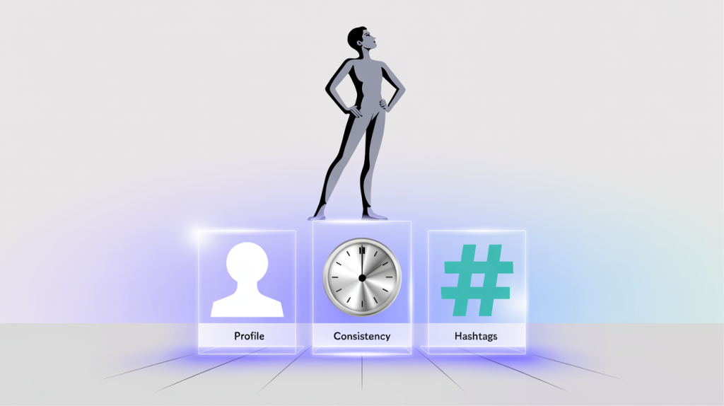An illustration of a figure standing on a foundation of three pillars, one for profile, one for consistency, and one for hashtags, representing the foundational pillars of Instagram growth.