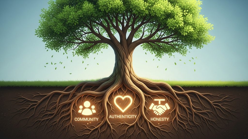 An illustration of a tree with deep roots intertwined with icons for community, authenticity, and honesty, symbolizing the foundational principles of Instagram growth.
