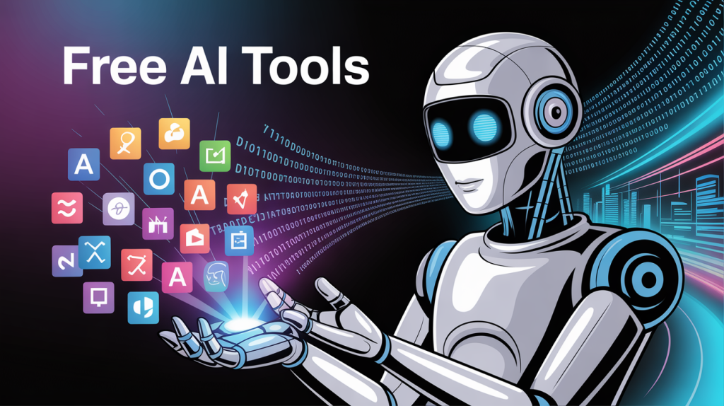 An illustration of a robot generating glowing icons for AI and video, representing free AI and video tools.