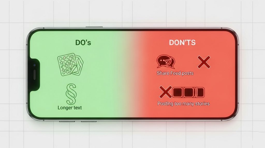 An illustration of a phone screen with two sections: "DO's" with icons for good practices and "DON'TS" with icons for common mistakes, symbolizing a clear rulebook for Instagram Stories.