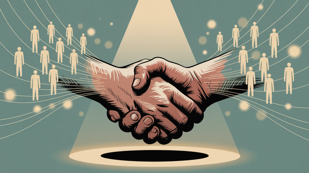 An illustration of two hands shaking, with lines flowing to a large network of people, representing the power of collaboration to boost reach.