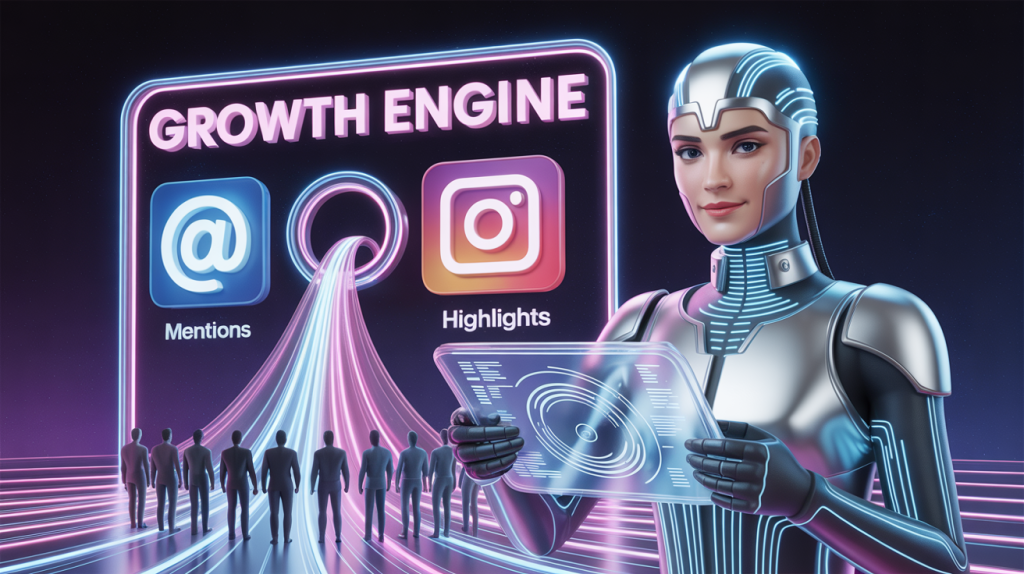  An illustration of a figure at the helm of a "growth engine" with icons for mentions and highlights, representing the role of these pillars as growth drivers for a business.