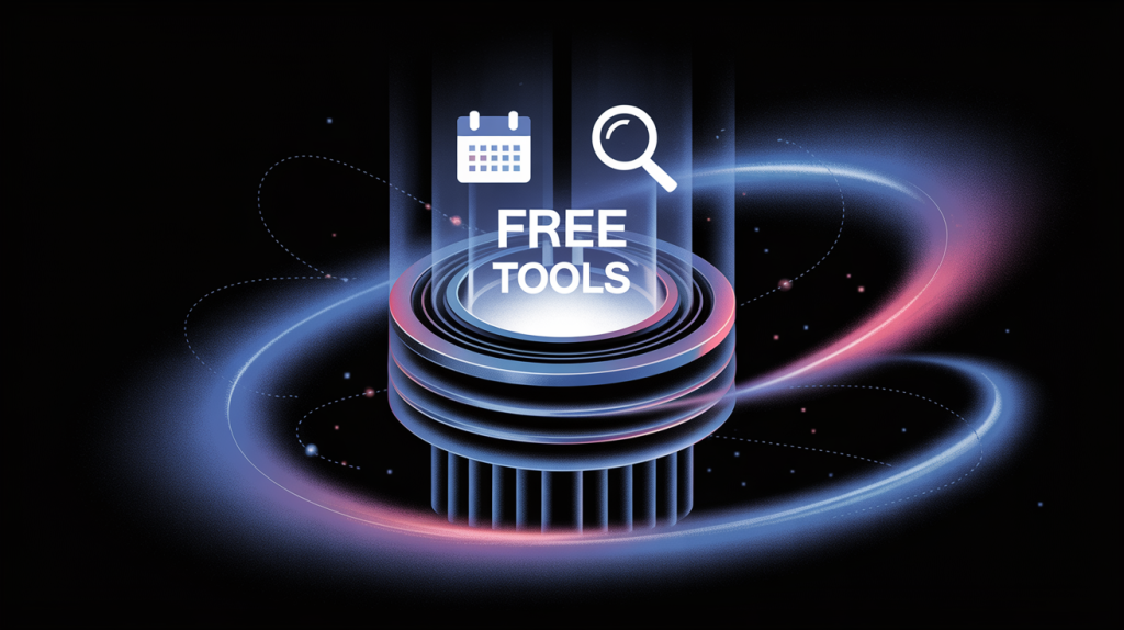 An illustration of a glowing engine with icons for a calendar and a magnifying glass, representing free tools for management and SEO.