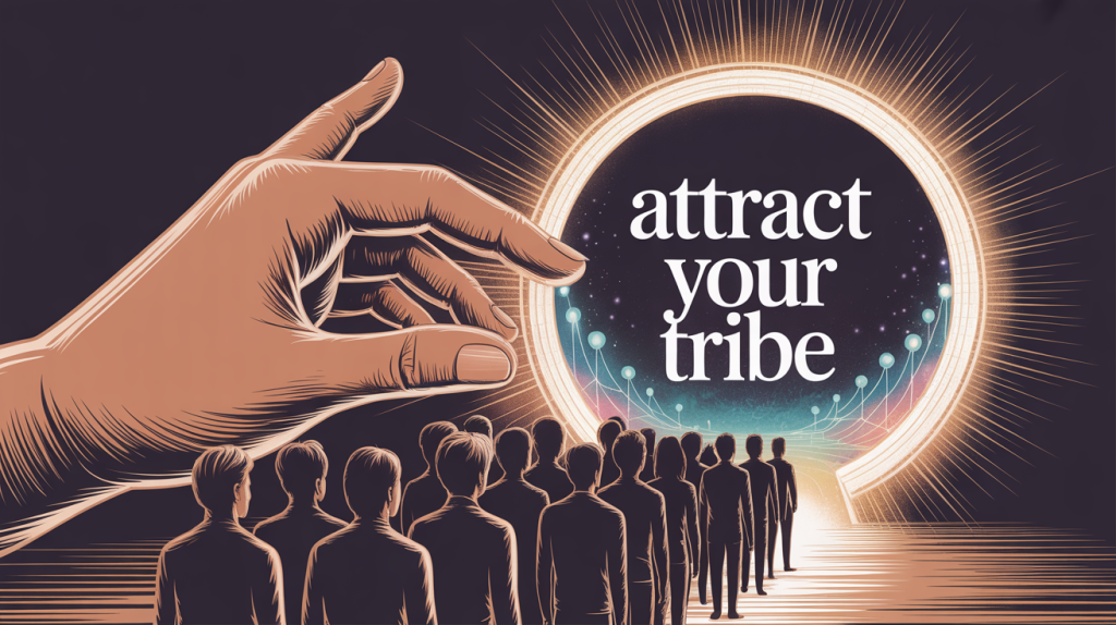 An illustration of a hand filtering a crowd to let them through a glowing door with a clear bio, representing a high-converting bio that attracts the right followers.