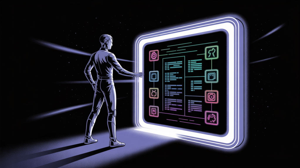 An illustration of a figure in front of a glowing video screen portal with program icons inside, representing the high-ticket program video.