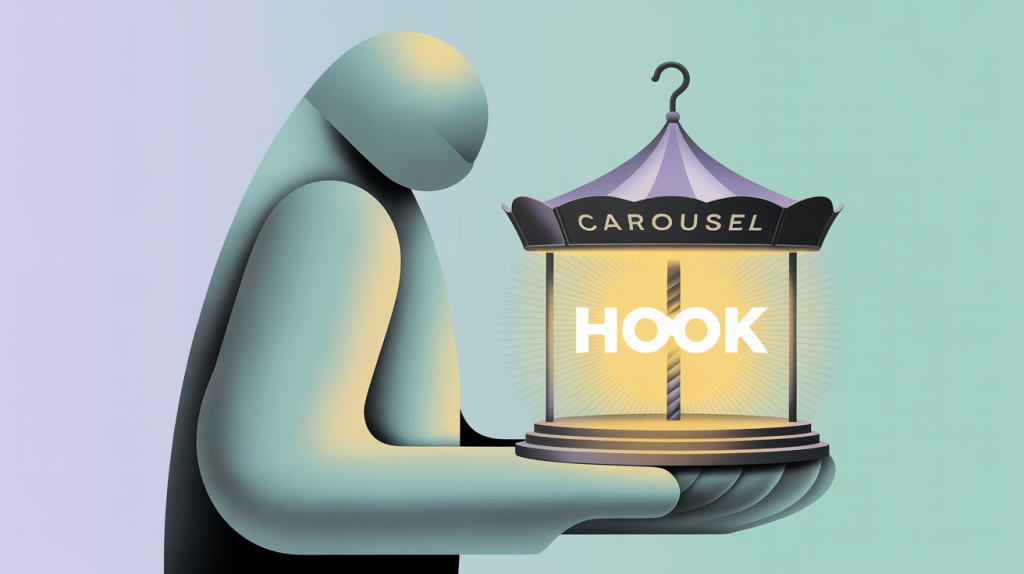 An illustration of a beautiful carousel being enhanced with a glowing hook icon, representing the importance of focusing on both design and hook.
