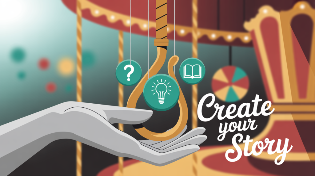An illustration of a hand holding a hook that has caught icons for a question, a solution, and a story, representing the hook of a carousel.