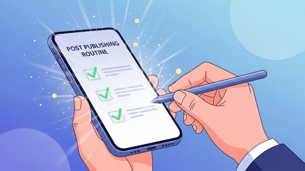 An illustration of a checklist on a phone screen with a hand checking off the last item, representing a step-by-step guide to follow after posting on Instagram.