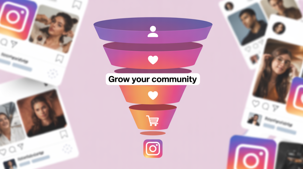 An illustration of a marketing funnel with icons for following, engaging, and buying, representing the Instagram user journey.