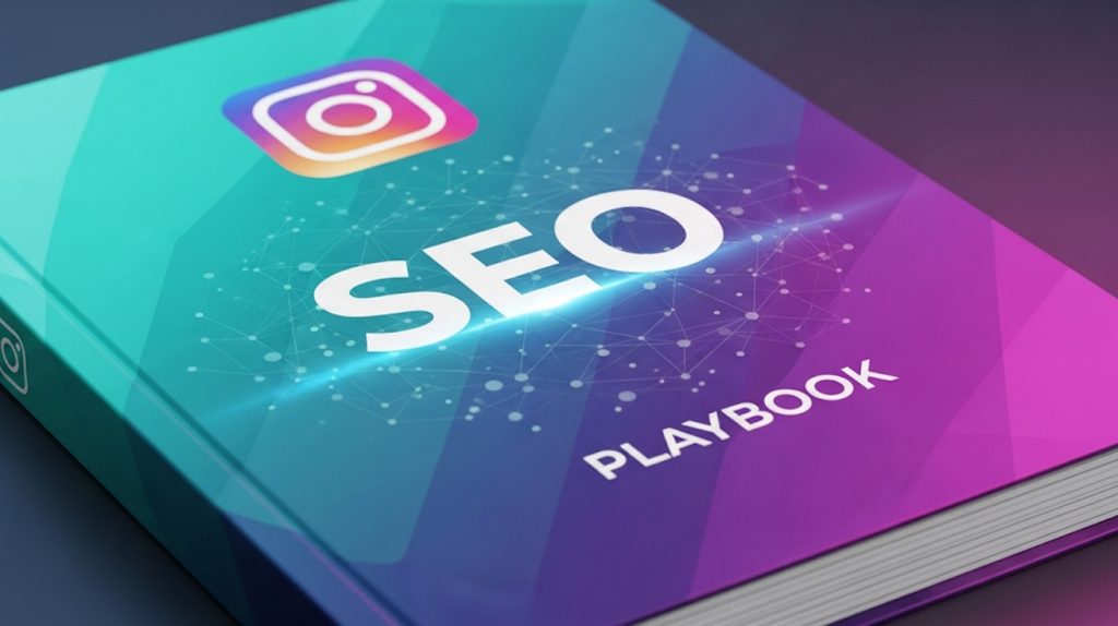 A vibrant, digital graphic of an open playbook with "Instagram SEO" on the cover, representing a guide to social media optimization.