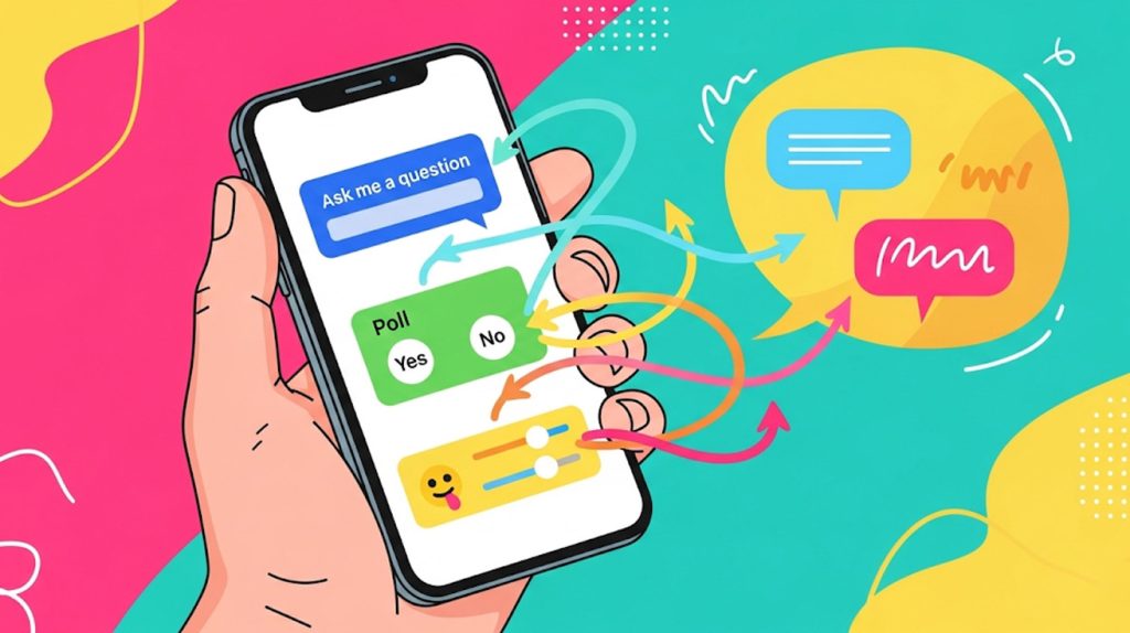 An illustration of a hand holding a phone with interactive Instagram Story stickers on the screen, representing a two-way conversation with the audience.