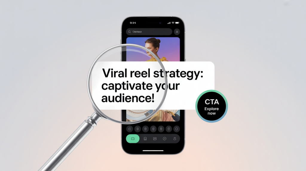 An illustration of a smartphone screen with a well-formatted caption, a magnifying glass, and a "CTA" badge, representing a strategic caption for a viral Reel.