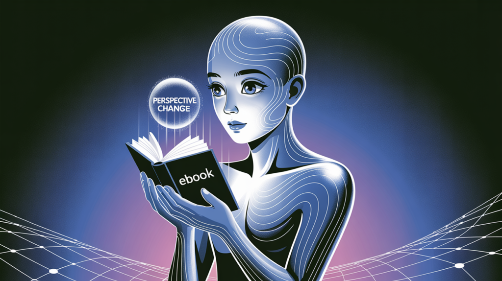 An illustration of a figure holding an ebook with a glowing lightbulb above its head, representing the perspective change from a low-ticket offer.