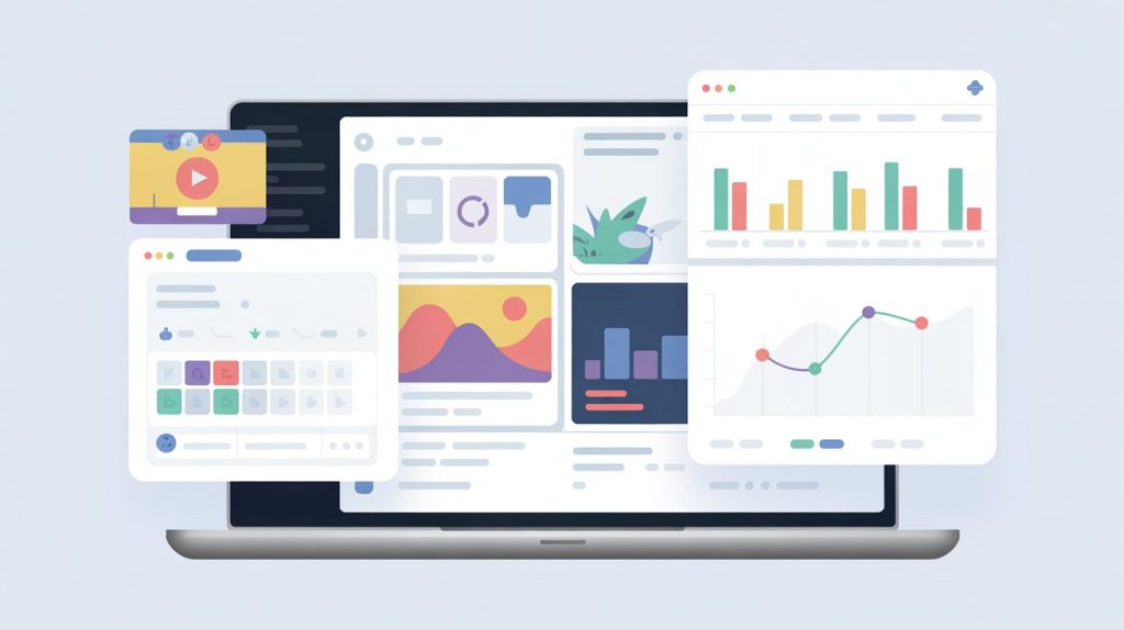 An illustration of a laptop screen with multiple open windows for a scheduling app, a video editor, and a dashboard, representing the main engine for social media management.