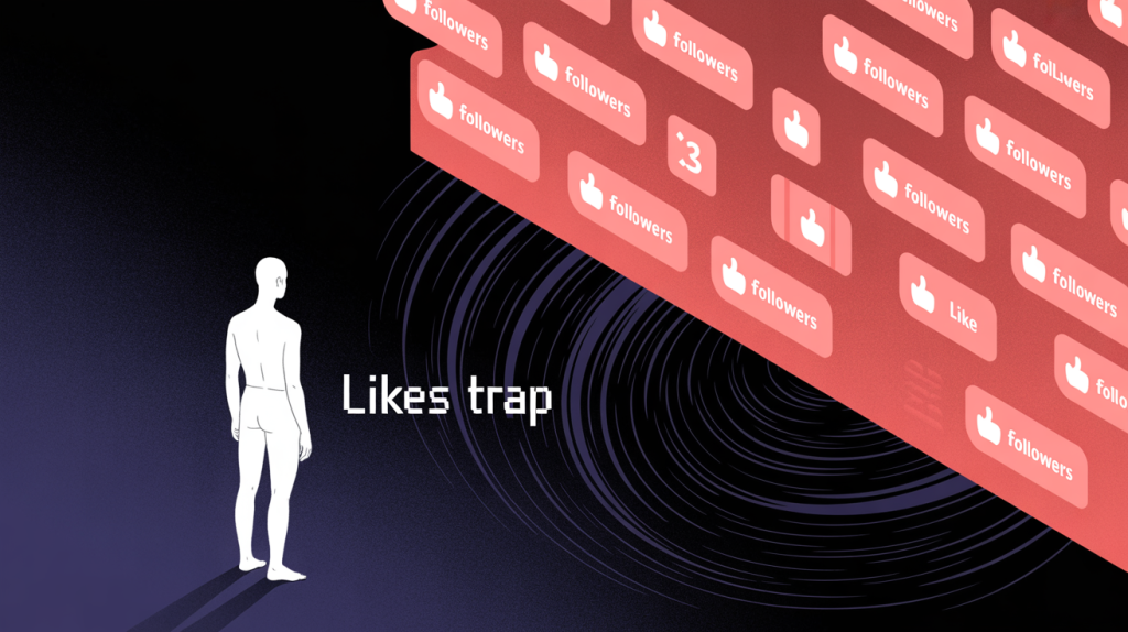 An illustration of a figure standing in front of a trap made of followers and likes, representing the misleading nature of these metrics.