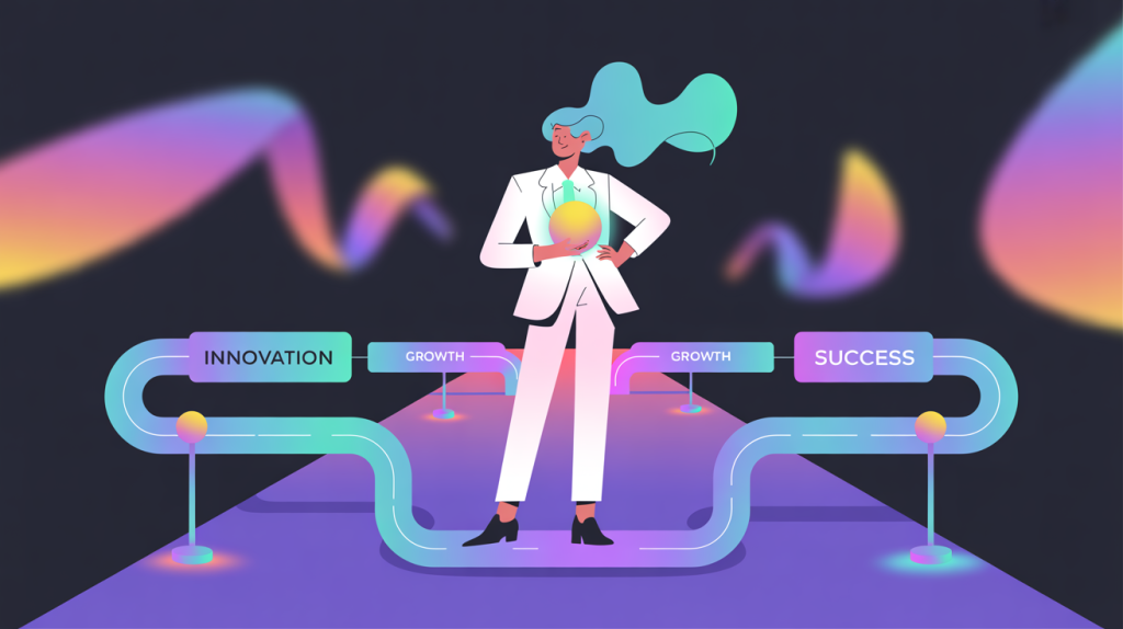An illustration of a figure standing at the beginning of a glowing roadmap with milestones, representing the mid-ticket masterclass as a program outline.