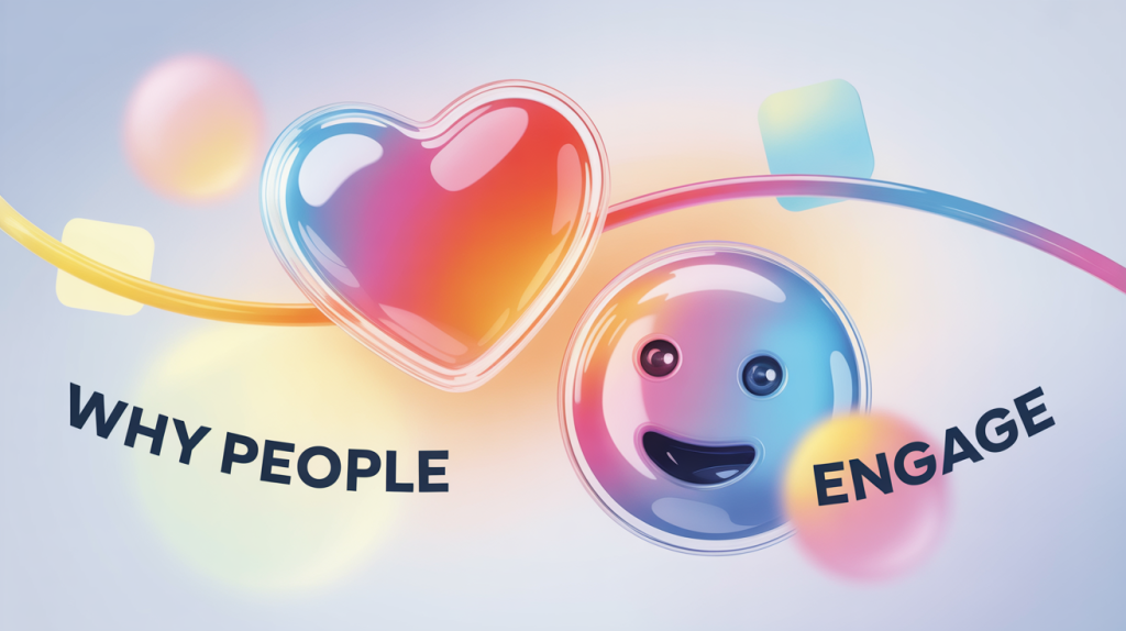 An illustration of a social media post with a heart and comment icons, connected to an emotional face icon, representing why people engage with content.