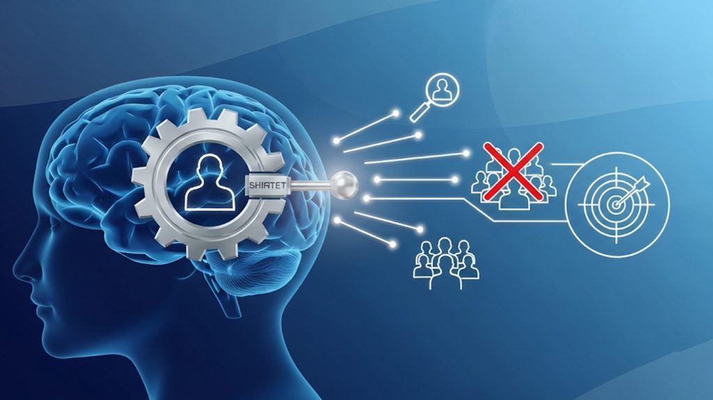 An illustration of a person's brain with a gear shifting, and icons for a focused audience and a clear goal, representing a fundamental change in mindset for Instagram growth.