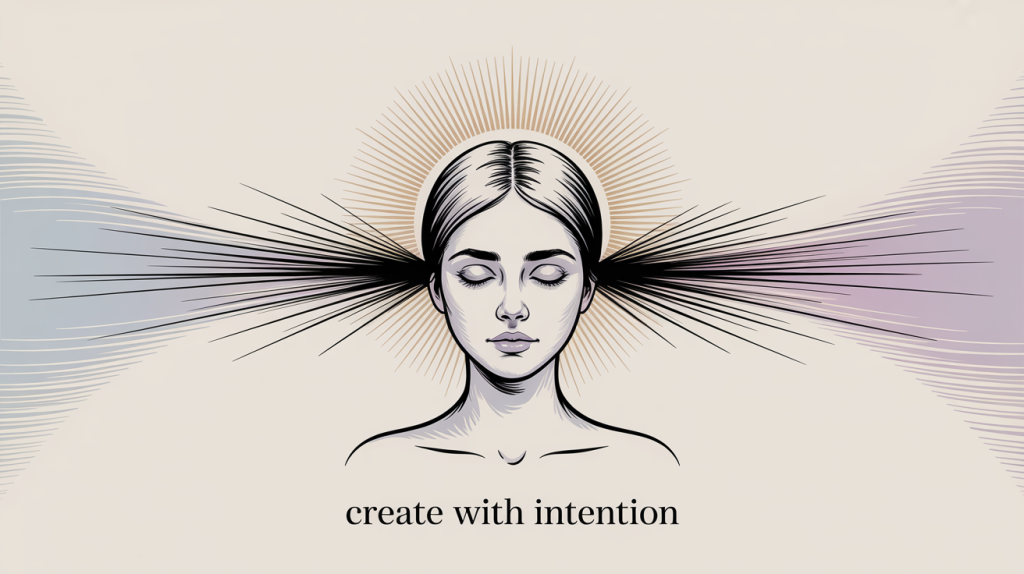 An illustration of a serene head with a glowing halo deflecting chaotic lines, representing mindfulness for creators.