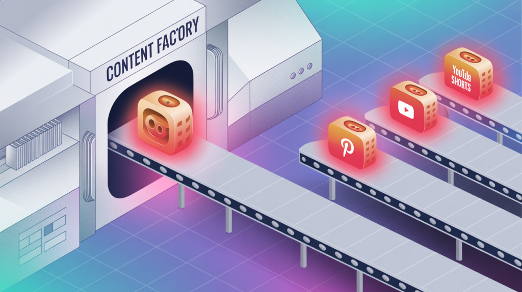 An illustration of a content factory where a single "Reel" icon is transformed into icons for YouTube Shorts and Pinterest, representing the repurposing of Reels.