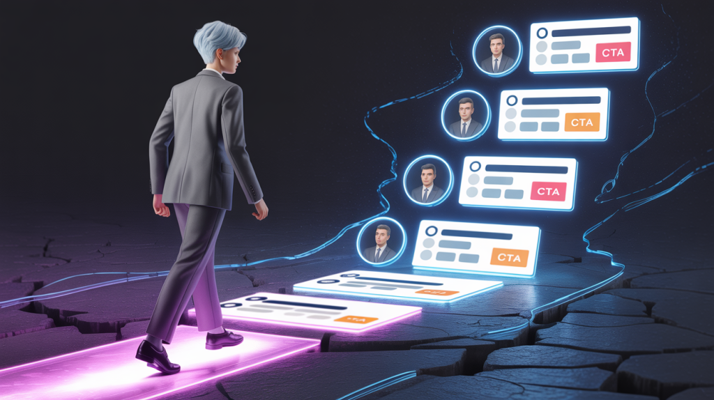 An illustration of a business owner stepping onto a new digital path for carousel creation, leaving a broken path behind.