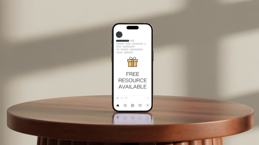 An illustration of a smartphone screen with the third line of an Instagram bio highlighted, showing a gift box icon next to an offer for a free resource.