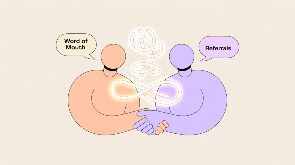 An illustration of two figures shaking hands with glowing lines connecting them, representing the power of traditional and word-of-mouth strategies for customer acquisition.