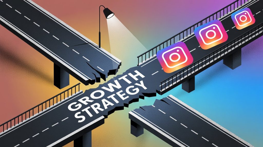 An illustration of a cracked, old road with outdated icons leading to a modern, high-tech bridge with new strategic icons, representing the transition to a new way of Instagram growth.