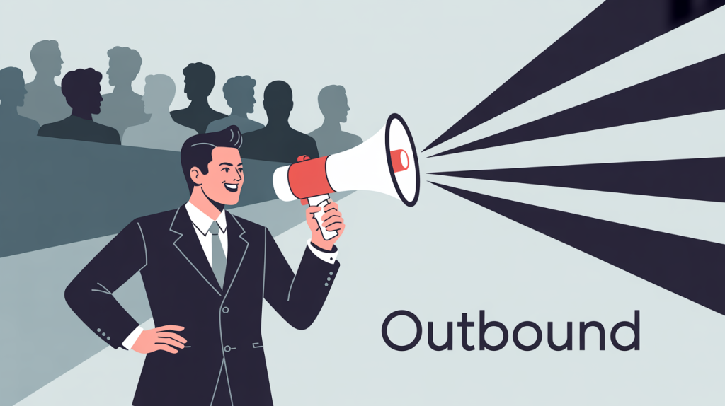An illustration of a figure with a megaphone, with lines flowing outward to a target audience, representing the Outbound engagement strategy.
