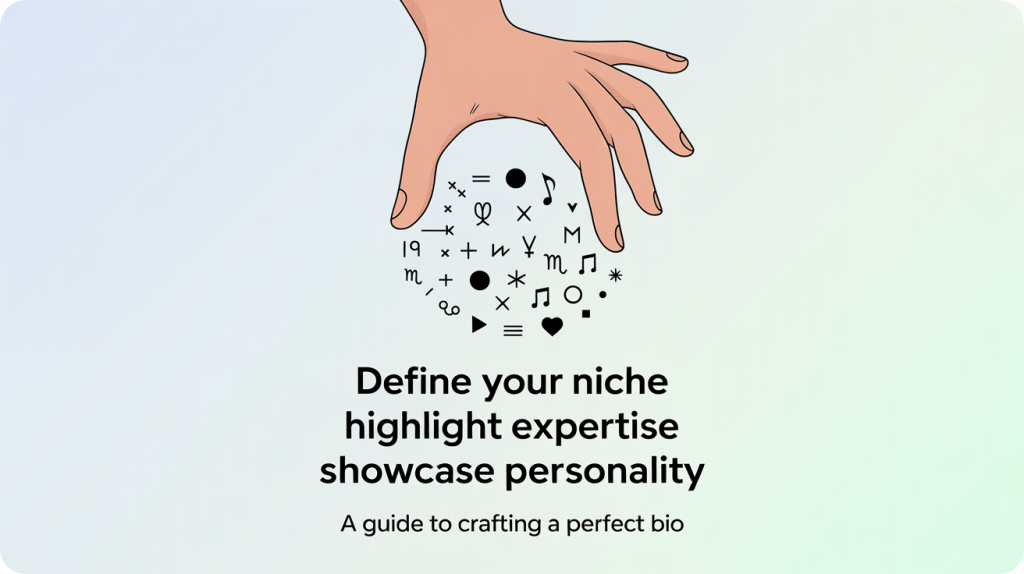 An illustration of a hand organizing chaotic symbols into a clear, 3-line bio, representing a guide to creating a perfect bio.