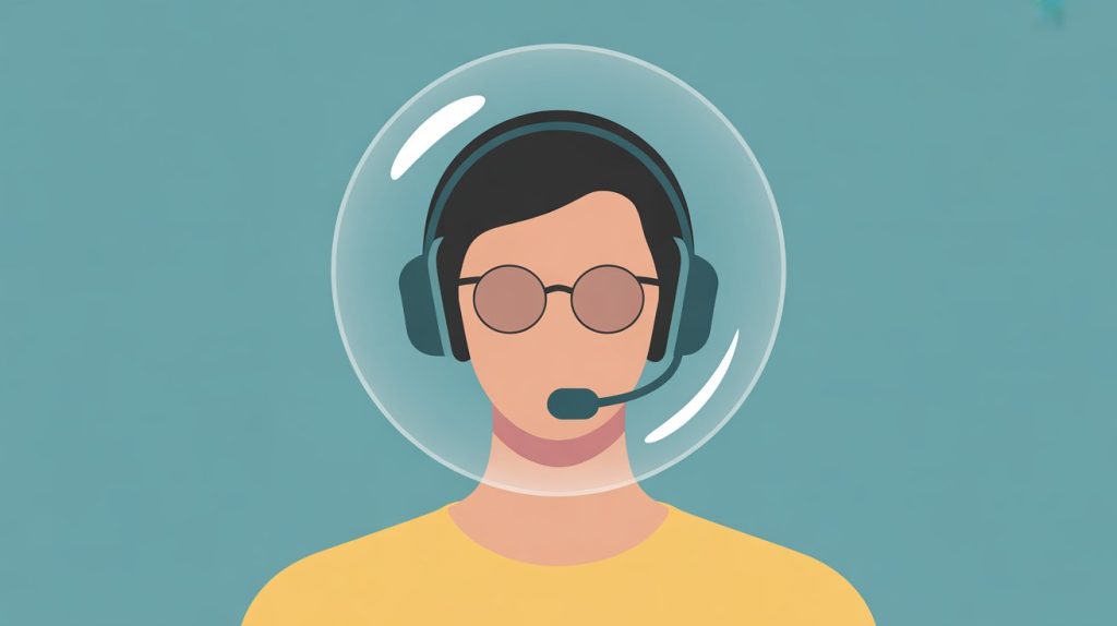 An illustration of a person wearing noise-cancelling headphones with a bubble around them, representing a focus filter that blocks out distractions.