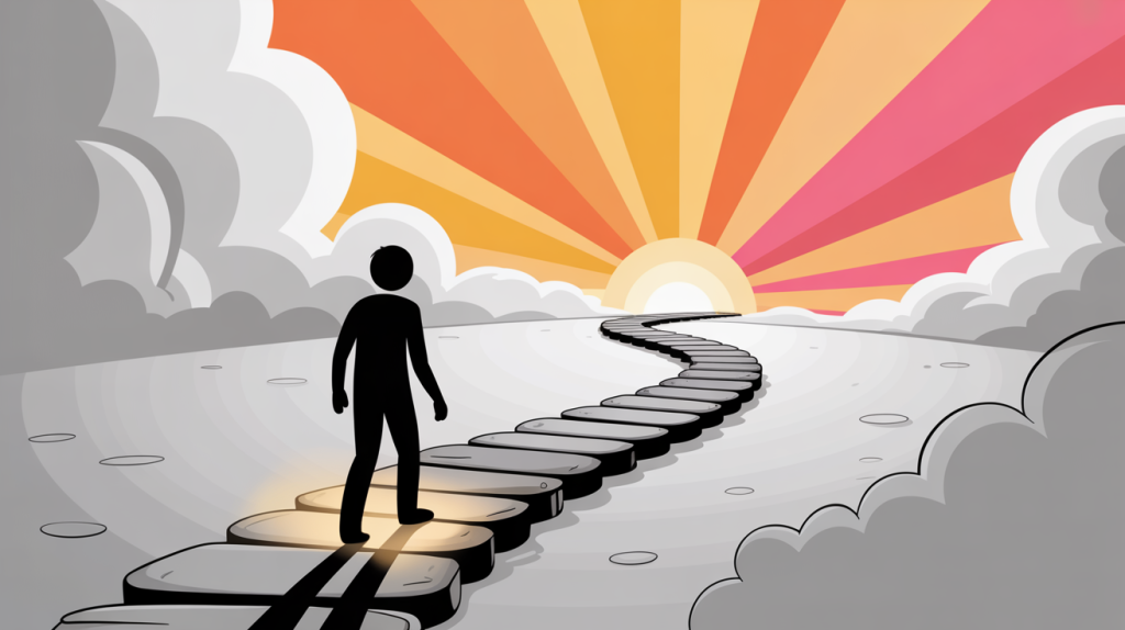 An illustration of a stick figure on a path with a cloudy background at the start and a glowing, vibrant background at the end, representing a personal journey of transformation.