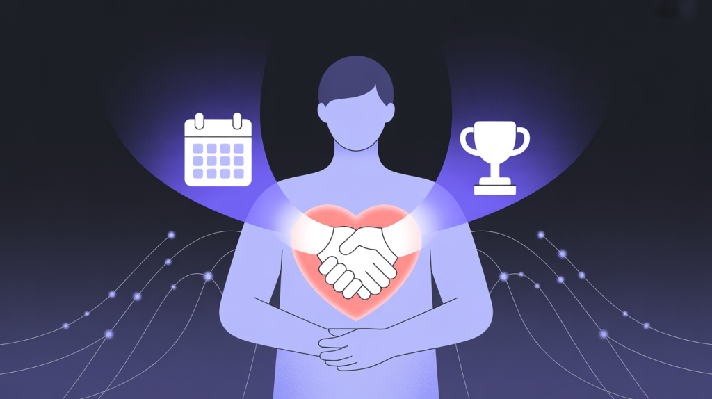An illustration of a figure with a glowing heart at its center and icons for a routine, a milestone, and a handshake flowing from it, representing the power of personal content.
