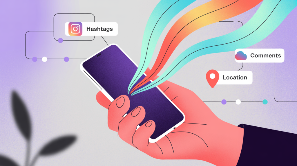 An illustration of a hand holding a smartphone, with glowing lines flowing to icons for hashtags, comments, and location, representing the post-post strategy.