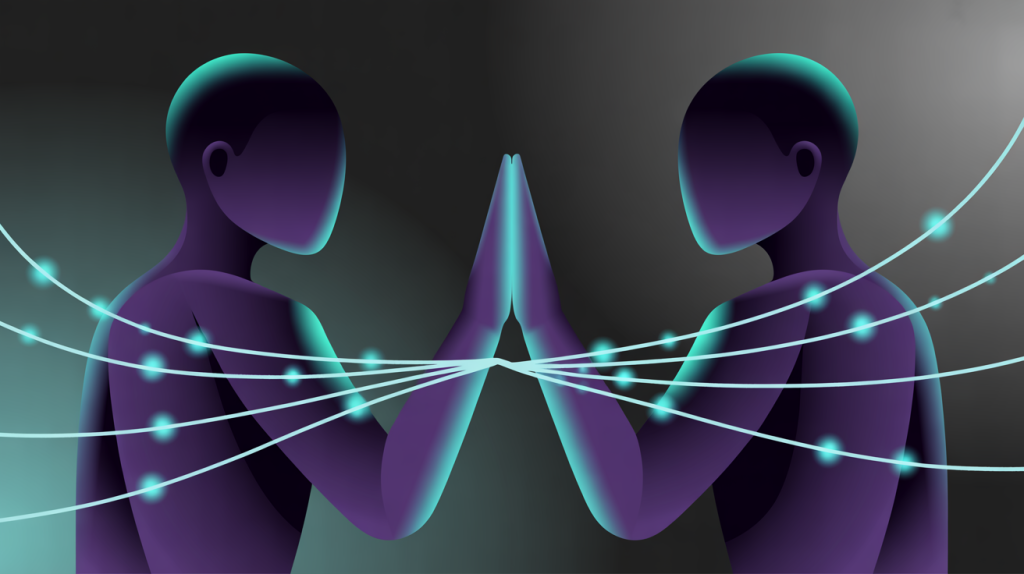 An illustration of two figures with glowing lines flowing between them, representing the growth and influence gained through collaboration.